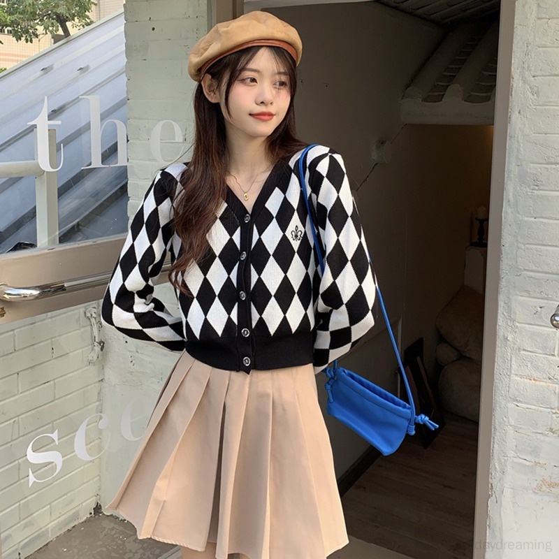 Áo Khoác Cardigan Dệt Kim Dáng Ngắn Cổ Chữ V Kẻ Sọc Caro Thời Trang Cho Nữ