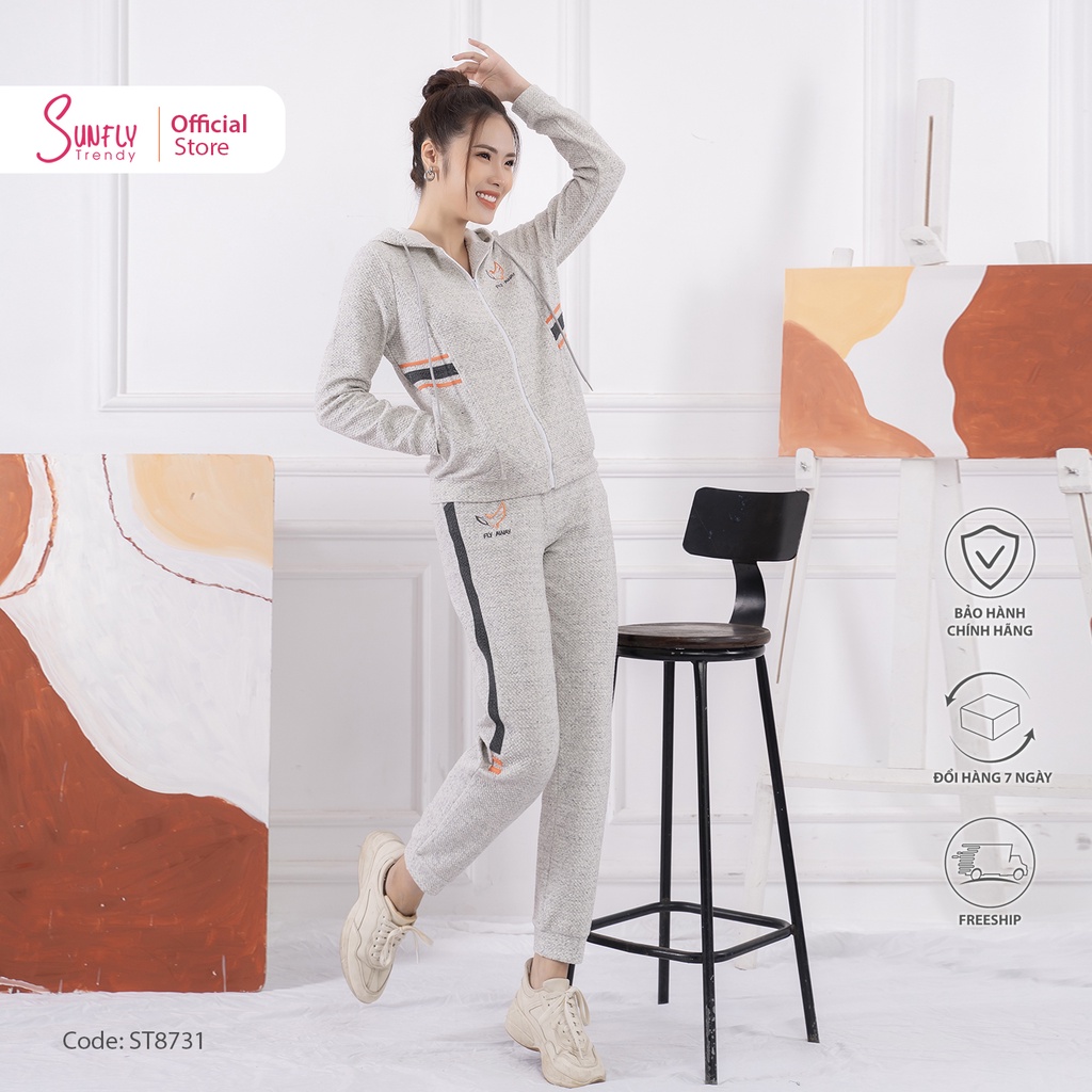 Bộ đồ mặc nhà nữ thể thao cotton SUNFLY kéo khóa có mũ áo dài, quần dài ST8731