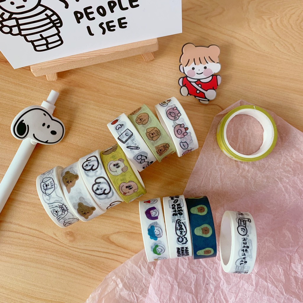 Băng Keo Giấy Washi Tape Có Họa Tiết Gấu Bơ Cún Cute Trang Trí Sổ Viết