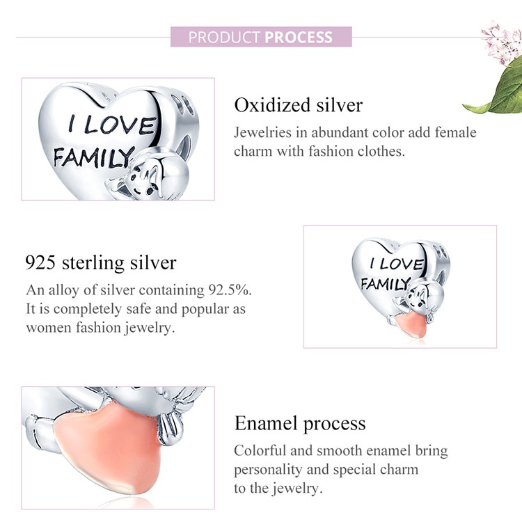 Charm trang sức Bamoer BSC478 hình trái tim khắc chữ I Love Family dùng làm vòng tay dành cho nữ và trẻ em