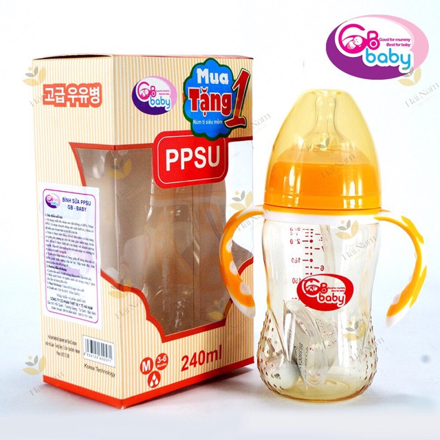 Bình sữa nhựa PPSU -GB baby 180ml -240ml có tay cầm ,tặng kèm 1 núm ti siêu mềm