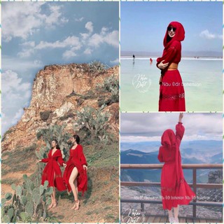 Đầm maxi đỏ phối ren kèm khăn