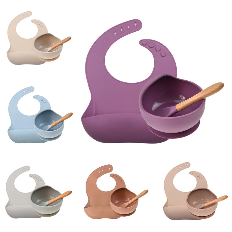 Bộ 3 Món Gồm Yếm Ăn + Muỗng + Yếm Bằng Silicone Chống Nước Cho Bé Sơ Sinh