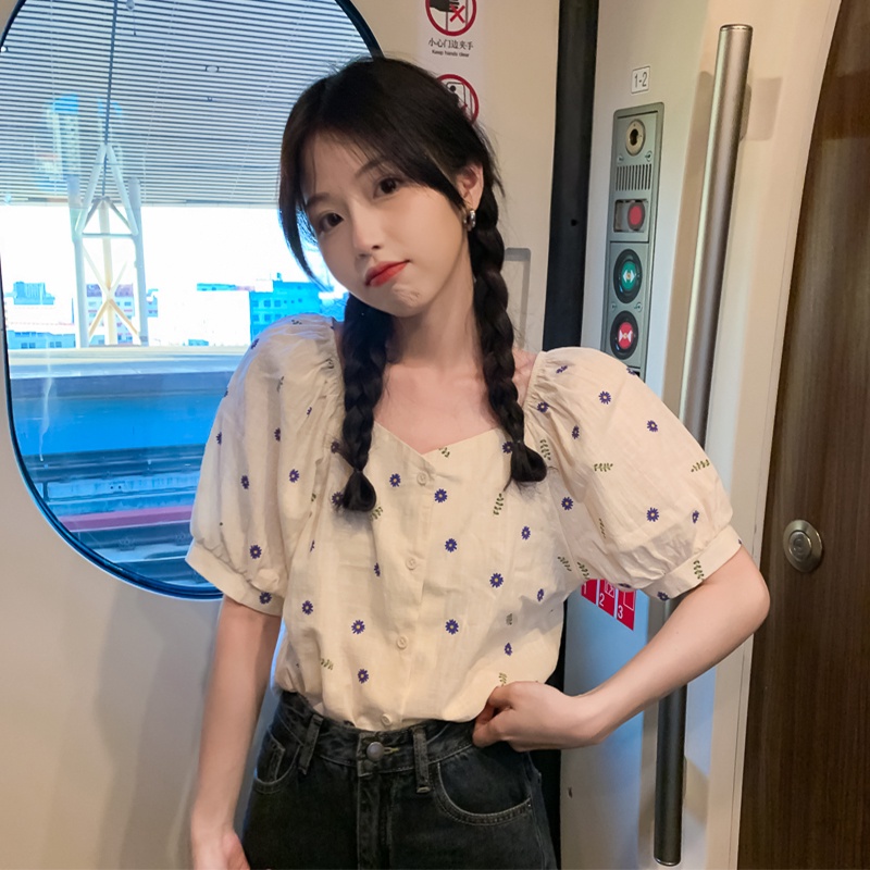 Áo sơ mi tay ngắn họa tiết hoa thời trang mùa hè xinh xắn cho nữ