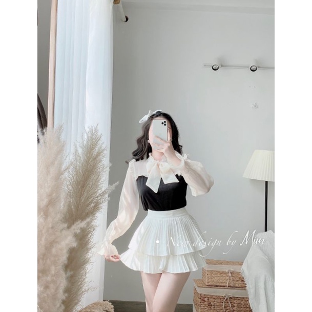 Áo len tăm đen phối cổ nơ | BigBuy360 - bigbuy360.vn