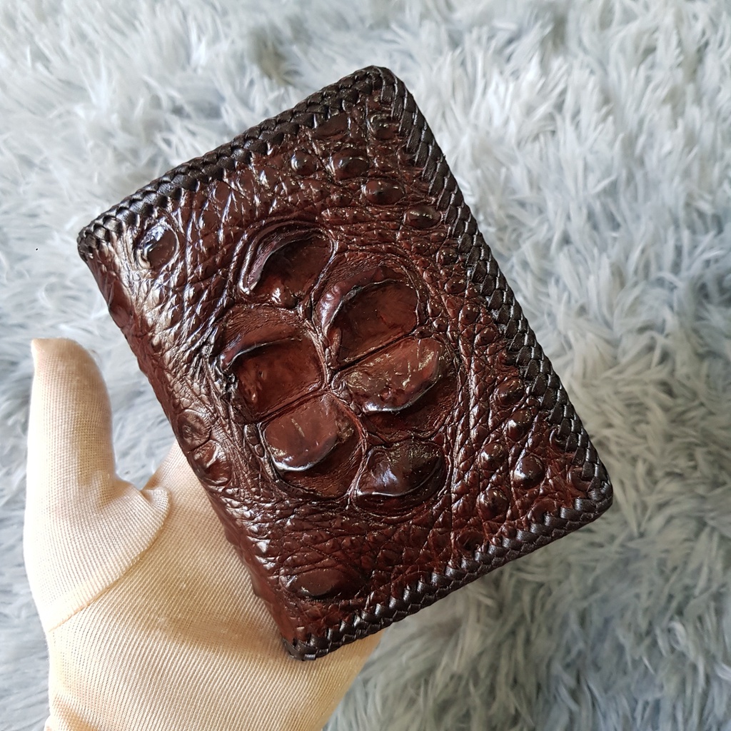 Ví Da Cá Sấu Thủ Công, Gù To | Ví Cá Sấu Đan Viền 2 Mặt |  Màu Nâu Và Đen | Dáng Đứng