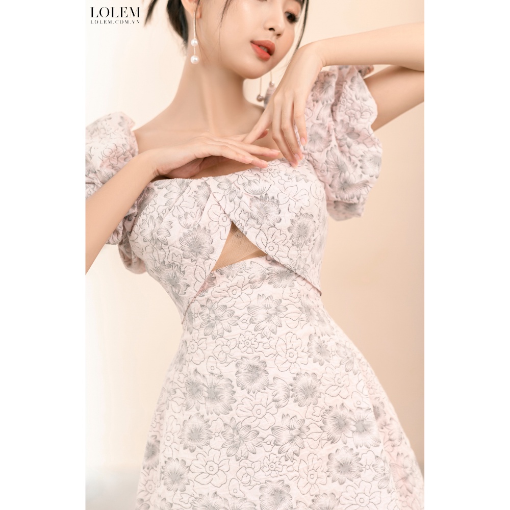 Đầm xòe cổ vuông LOLEM DX317 thiết kế cut-out tay con bồng vải thô xốp cao cấp