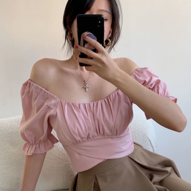 Áo Voan Croptop Ngắn Tay Cổ Vuông Chéo Eo Thắt Nơ Màu Trơn - Mã: 09 TV-Fashion