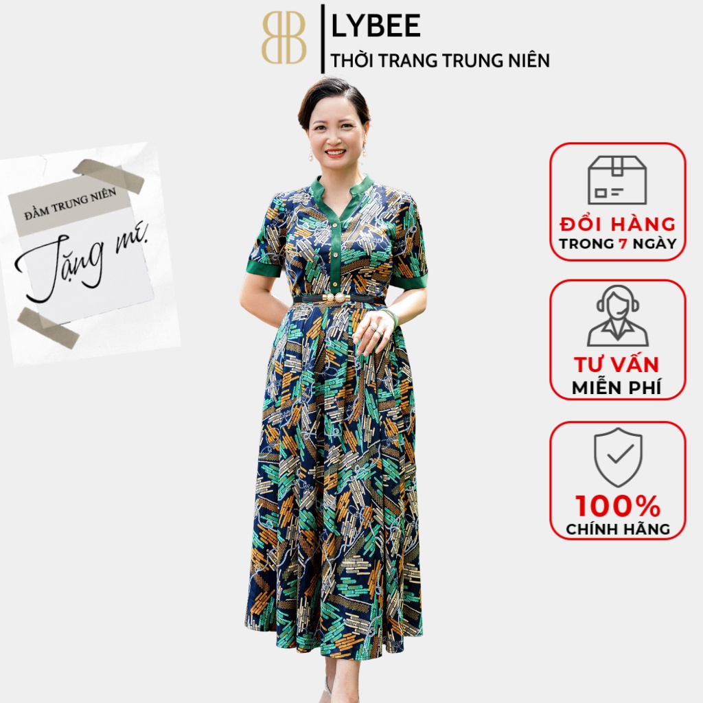 Váy trung niên LYBEE LV747 chất lụa cao cấp màu đen họa tiết sang trọng bắt mắt