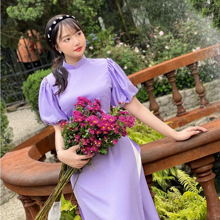 Áo dài cách tân nữ trơn tay phồng dính ngọc sang trọng không kèm quần CHUU AD8001