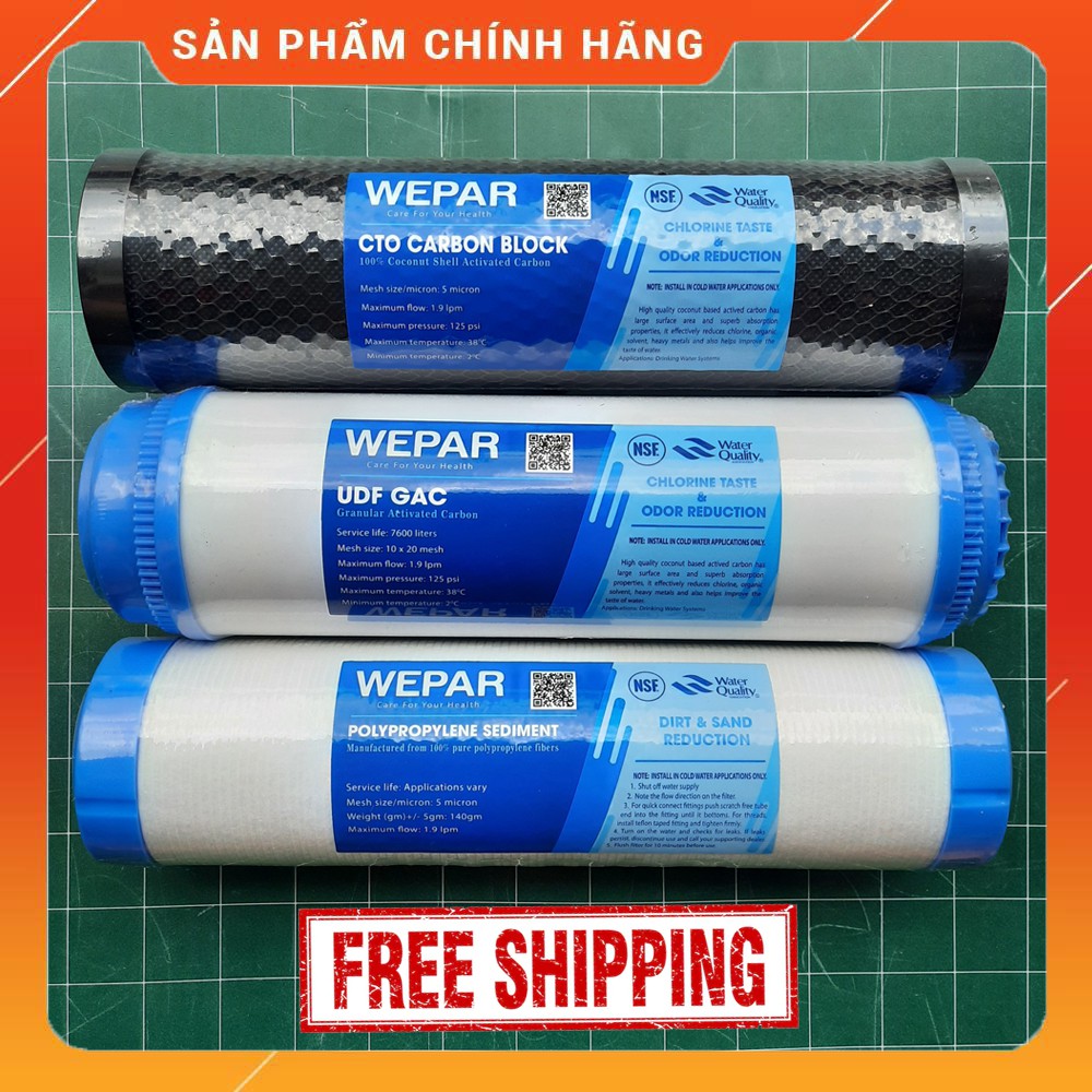 Bộ 3 Lõi Lọc Thô Wepar [ FREESHIP ] Kích thước 10 Inch, Lọc Cặn Bẩn Có Hại Trong Nước, Khử Mùi Clo, Phen Hôi Trong Nước