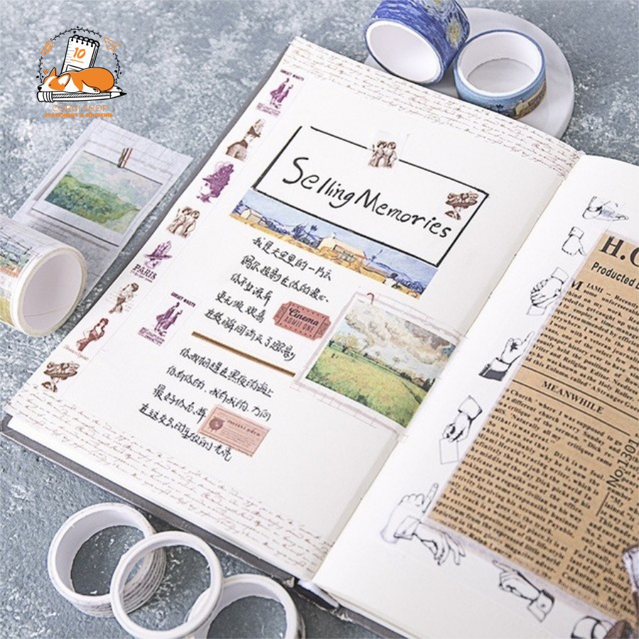 Set 10 cuộn băng dính washi tape họa tiết anh đào, Van Gogh dễ thương