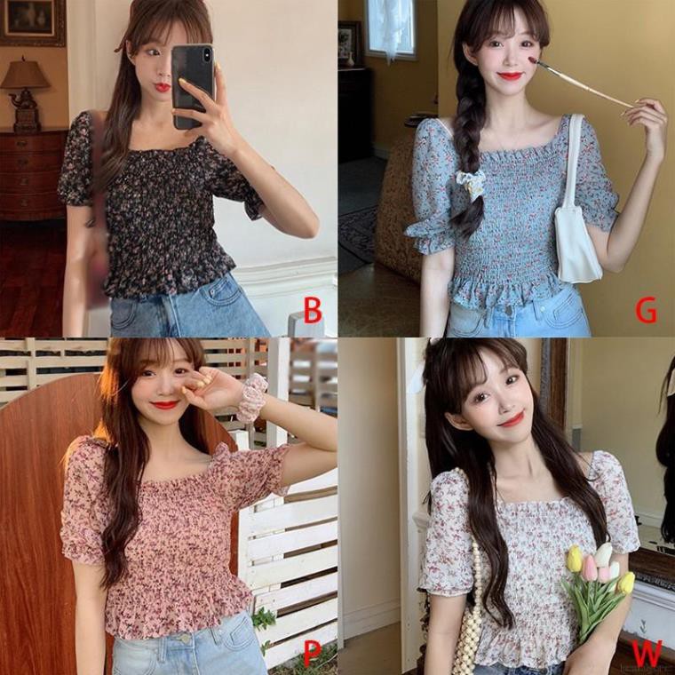 Áo Kiểu Nhún Bằng Vải Chiffon Tay Ngắn Cổ Vuông Họa Tiết Hoa Nhí Xinh Xắn Cho Nữ New