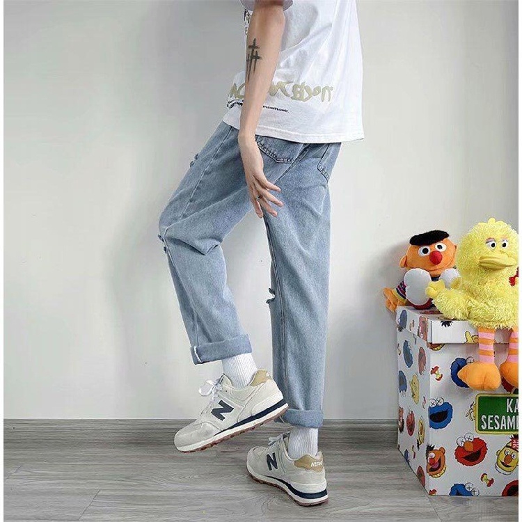 Quần jean baggy xanh nam, nữ ống rộng, rách cá tính, vải cao cấp không phai màu