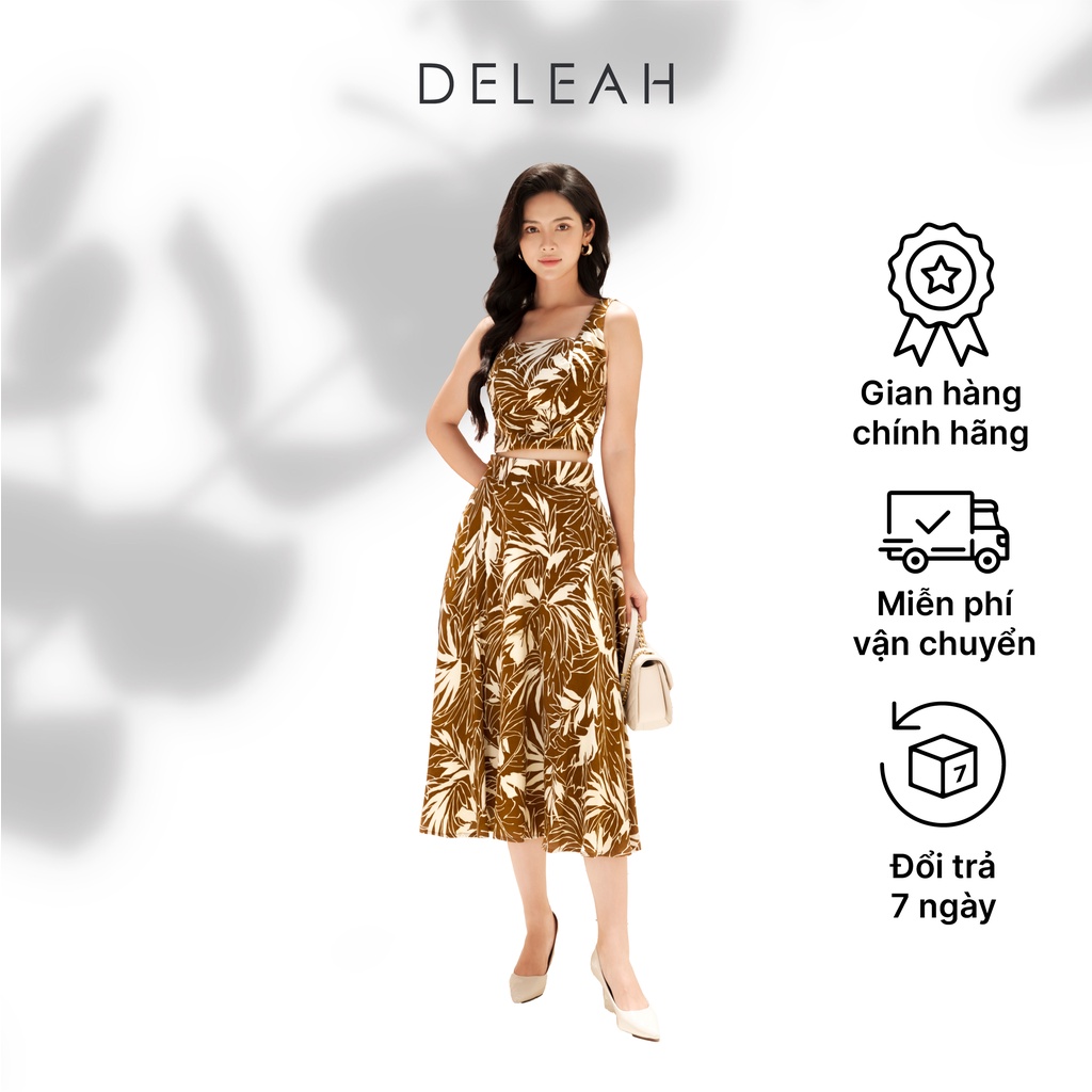 Bộ váy midi xòe De Leah chất liệu lụa lanh Hàn mềm mịn họa tiết bắt mắt dễ phối đồ