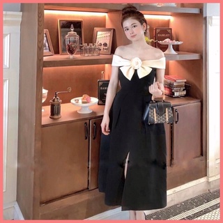 [Sẵn/VIDEO] Váy trễ vai hoa nơ đi tiệc sang chảnh. Đầm đen xoè xẻ dáng dài