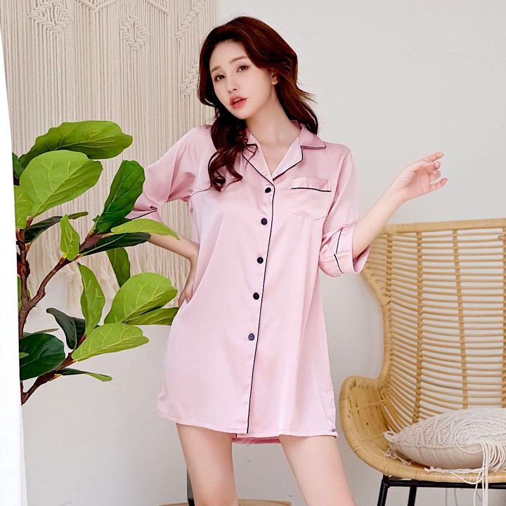 Đầm ngủ lụa cao cấp áo ngủ sơ mi tay lững với màu hồng da ngọt ngào