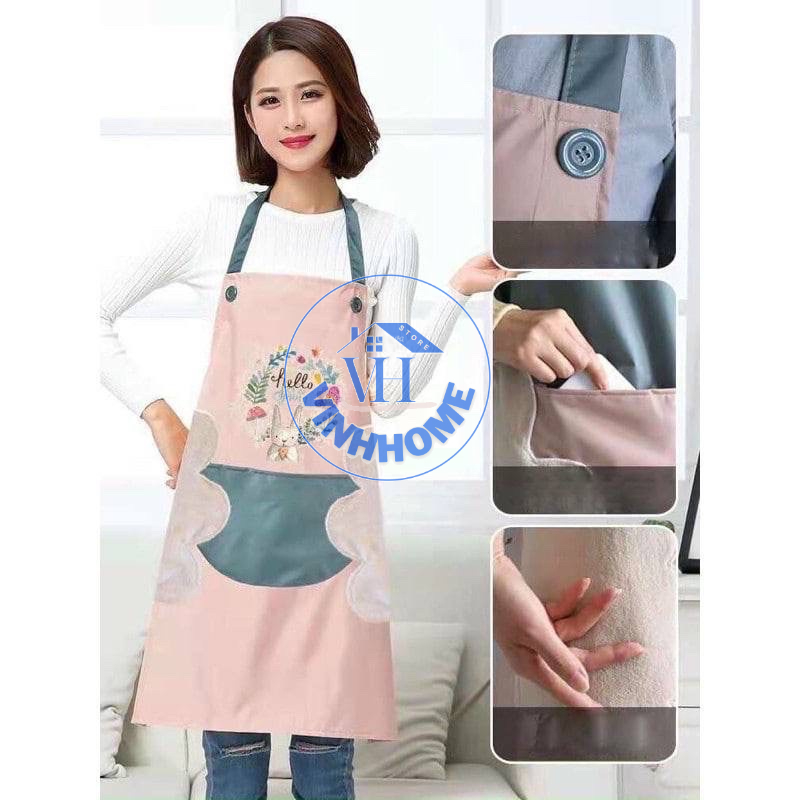 Tạp dề chống thấm nước có lau tay họa tiết thỏ xinh kèm túi to tiện lợi vinhhome.store