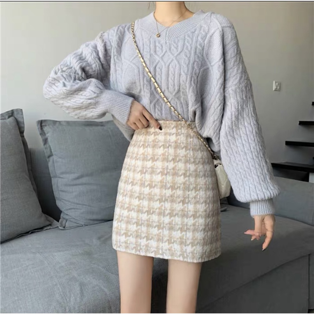 Chân váy dạ tweed cạp cao họa tiết siêu xinh phong cách Hàn Quốc _ hàng ORDER