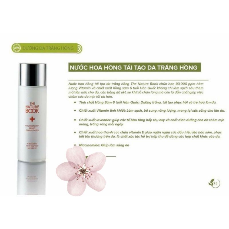 Nước hoa hồng dưỡng trắng và tái tạo da The Nature Book, toner vita white dưỡng trắng da chính hãng Hàn Quốc 120ml