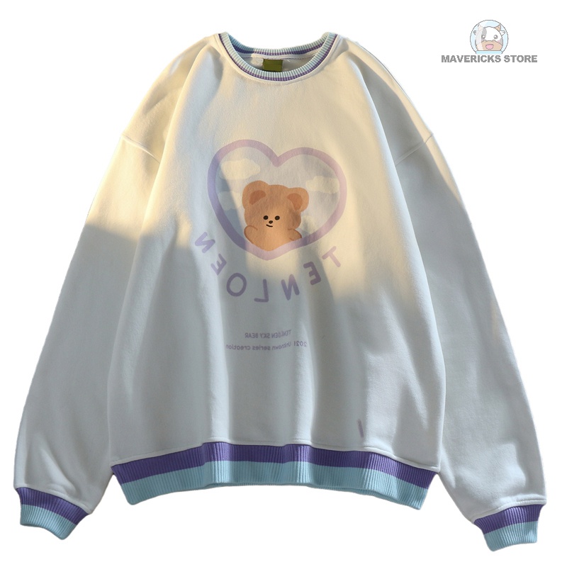 Áo sweater tay dài dáng rộng in hình gấu dễ thương phong cách Hàn Quốc thời trang cho nữ