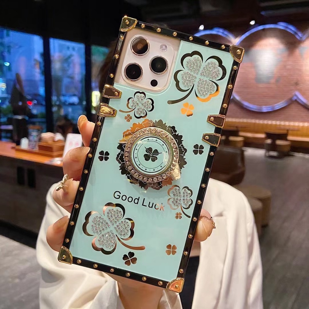 Ốp Điện Thoại Hình Vuông Họa Tiết Cỏ Bốn Lá Đính Đá Kèm Giá Đỡ Cho Samsung A20 A30 A20S A21S A12 A21 A33 A22 5G A02 A02S A03S A03CORE