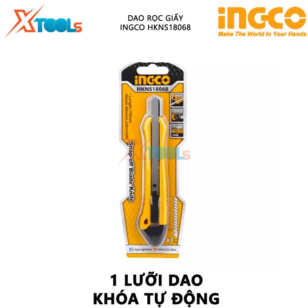 Dao rọc giấy INGCO HKNS18068 dao cắt giấy có chiều dài 150mm, kích thước lưỡi 9mmx80mm sắc bén, nhỏ gọn, độ bền cao