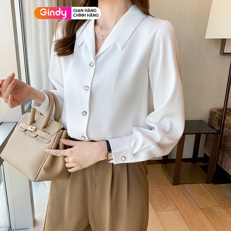 Áo sơ mi nữ lụa tay dài trắng hàn quốc cổ cách điệu GINDY sơmi trơn thời trang công sở, sinh viên, học sinh A10117