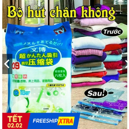 Bộ 8 Túi Hút Chân Không Đựng Quần Áo, Chăn Màn Kèm Bơm Cao Cấp Siêu Tiện Lợi Cho Mọi Nhà
