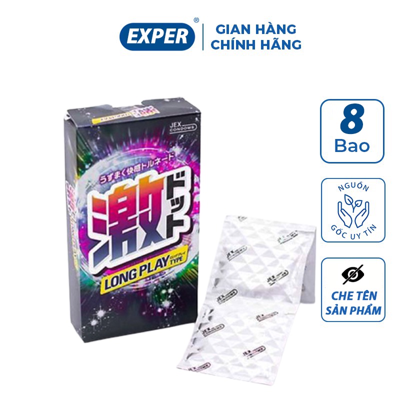 Bao cao su Jex Long Play Type hộp 8 cái, bao cao su gân gai nhiều gel siêu mỏng