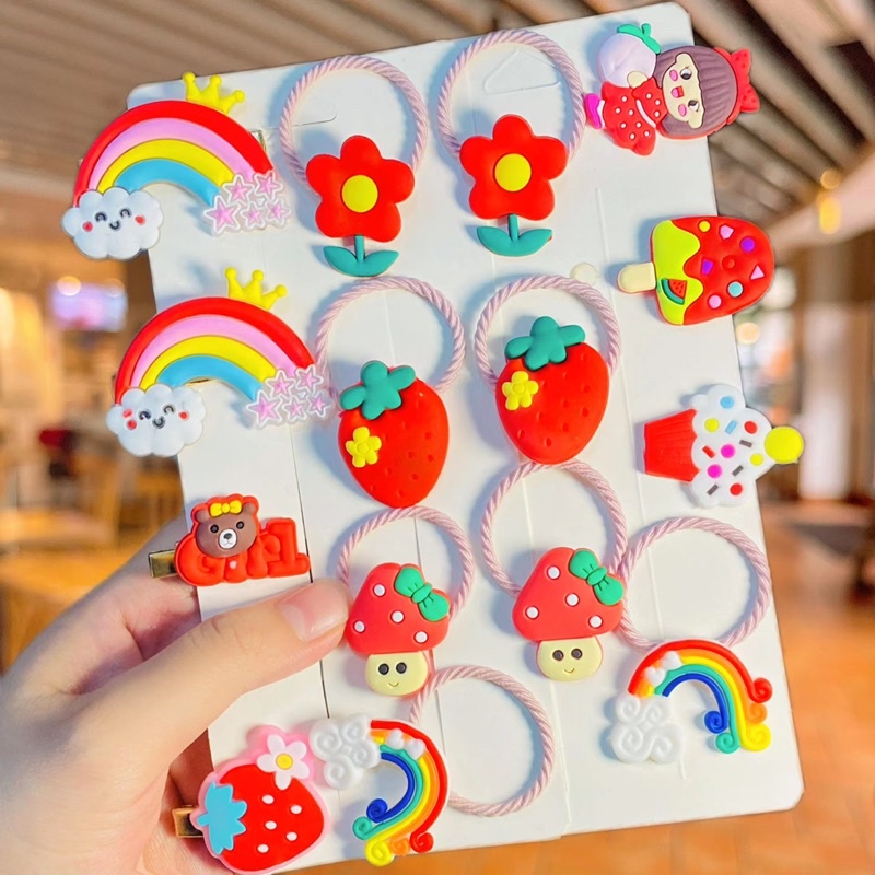 Set 15 phụ  kiện  Dây Cột Tóc Và Kẹp Tóc  Cao Su Màu Cầu Vồng Phong Cách Hàn Quốc Dễ Thương Cho Bé Gái