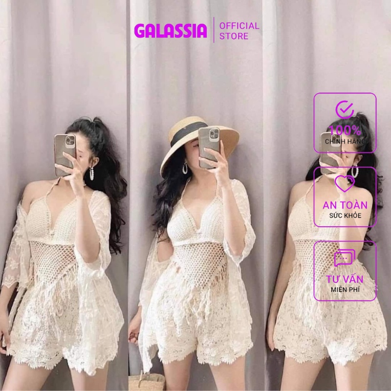 Set bikini ren lưới đồ bơi nữ 3 món sexy đi biển kín đáo thời trang cao cấp GALASSIA