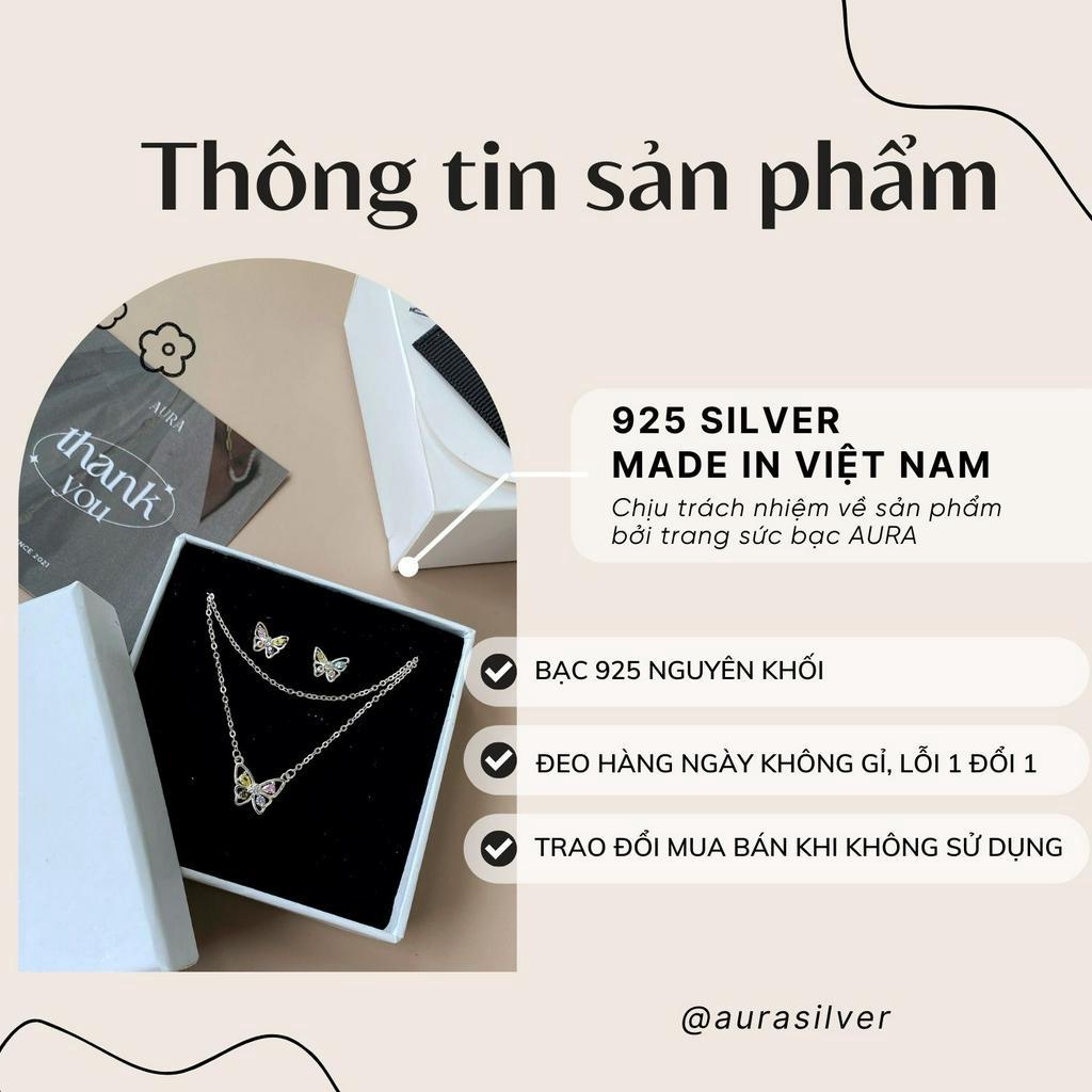 Set dây chuyền khuyên tai bạc 925 vòng cổ khuyên tai hồ điệp ngũ sắc- Aura Silver DC26-KT26