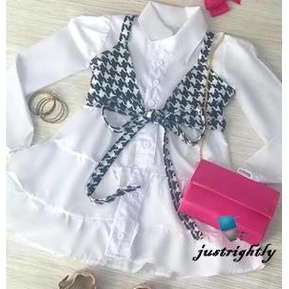 Set đồ mùa hè 2 món gồm áo sơ mi tay lồng đèn màu trơn + quần yếm kẻ sọc caro cho bé gái 9 tháng - 5 tuổi