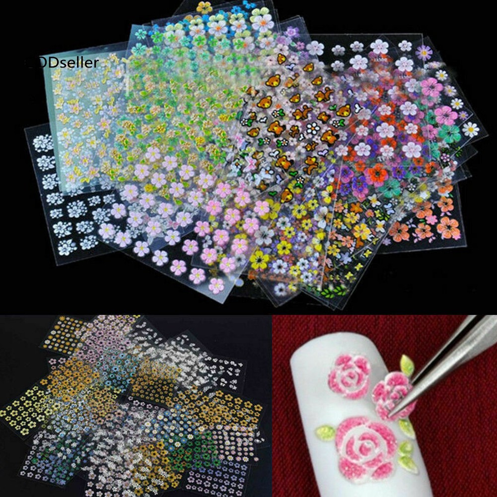 Set 10 Sờ Sticker Trang Trí Móng Họa Tiết Hoa 3d Đẹp Mắt Diy