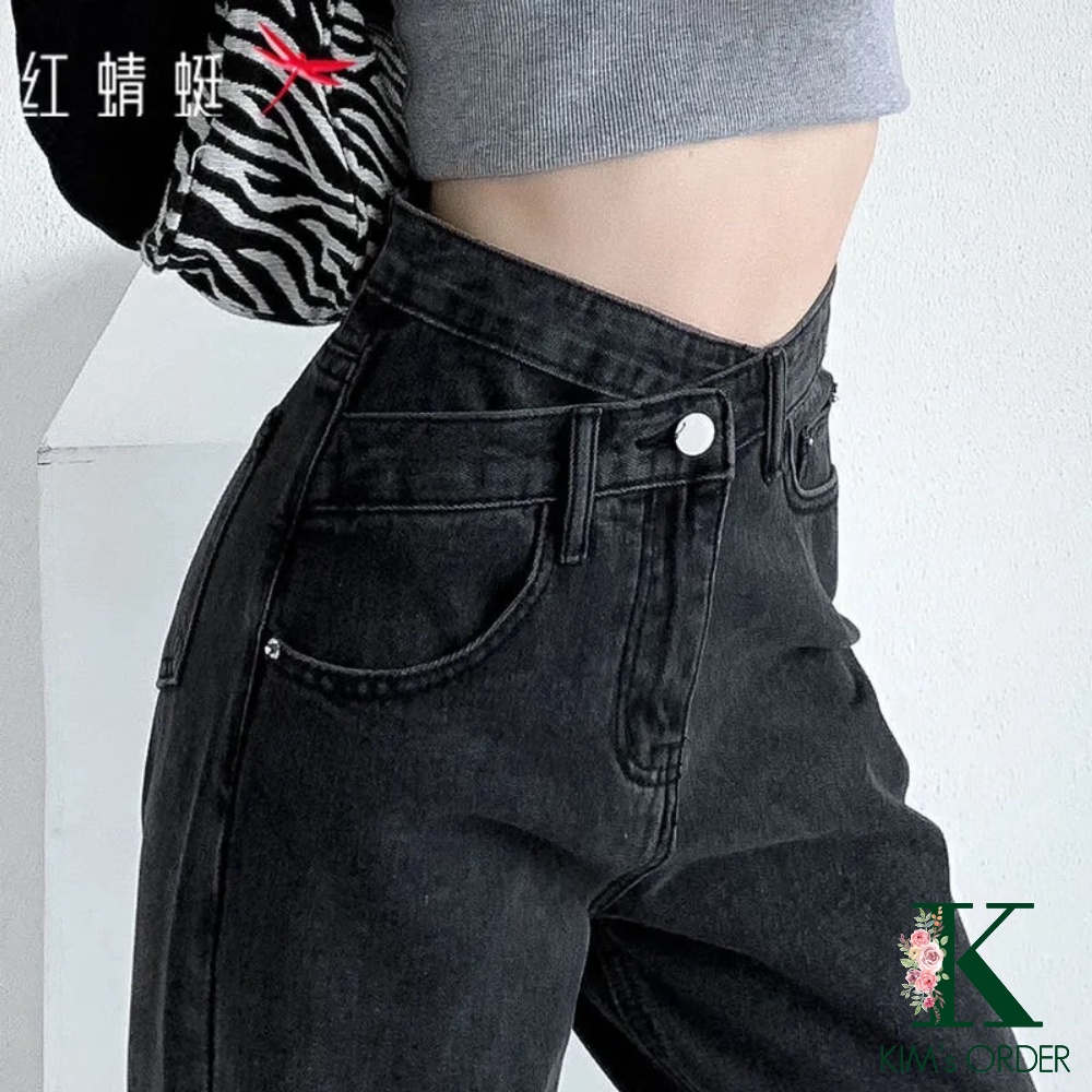 Quần Jeans Nữ Cạp Lệch Ống Đứng Màu Đen Khói Lưng Cao Dáng Rộng Ống Dài Phong Cách Ulzzang Cá Tính Loại 1 Có Bigsize