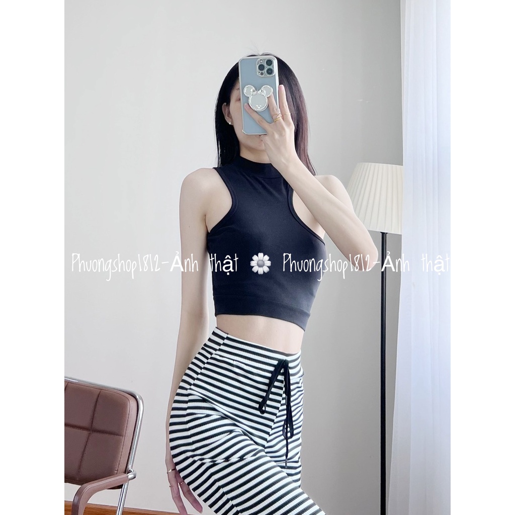 💚Áo thun gân khoét lệch vai foom croptop_ảnh thật