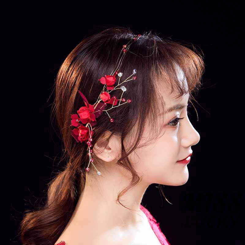 Cài tóc trang trí hoa đỏ đính đá xinh xắn cho cô dâu