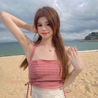 Áo yếm croptop hở lưng có dây rút hai bên eo ôm dáng họa tiết caro