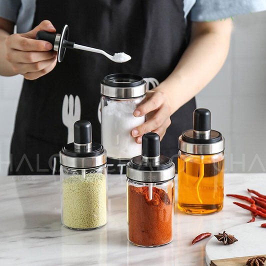 SET 3 HŨ GIA VỊ BẰNG THỦY TINH KÈM THÌA CAO CẤP