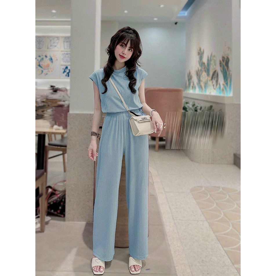 [Set sale] Set áo và quần đi chơi với quần dài ống rộng kèm áo ngắn tay form rộng, cá tính, chất vải thun gân