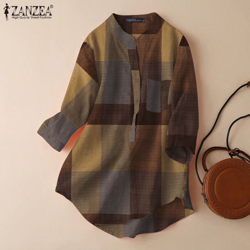ZANZEA Áo Sơ Mi Tay Lỡ 3 / 4 Họa Tiết Caro Thời Trang Nữ