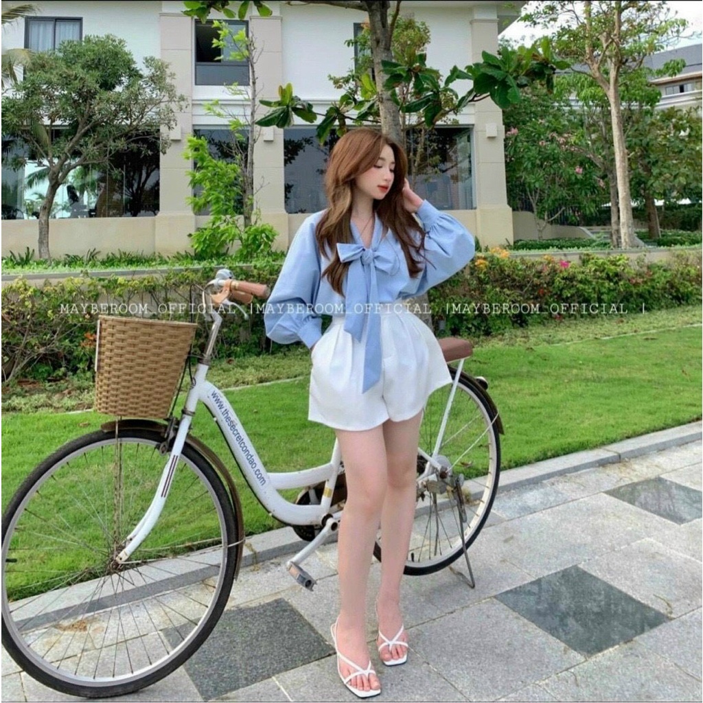 Sét bộ đùi thời trang nữ mặc đi chơi áo chất đũi cột nơ tay dài phồng màu xanh mix quần đùi cotton lạnh màu trắng