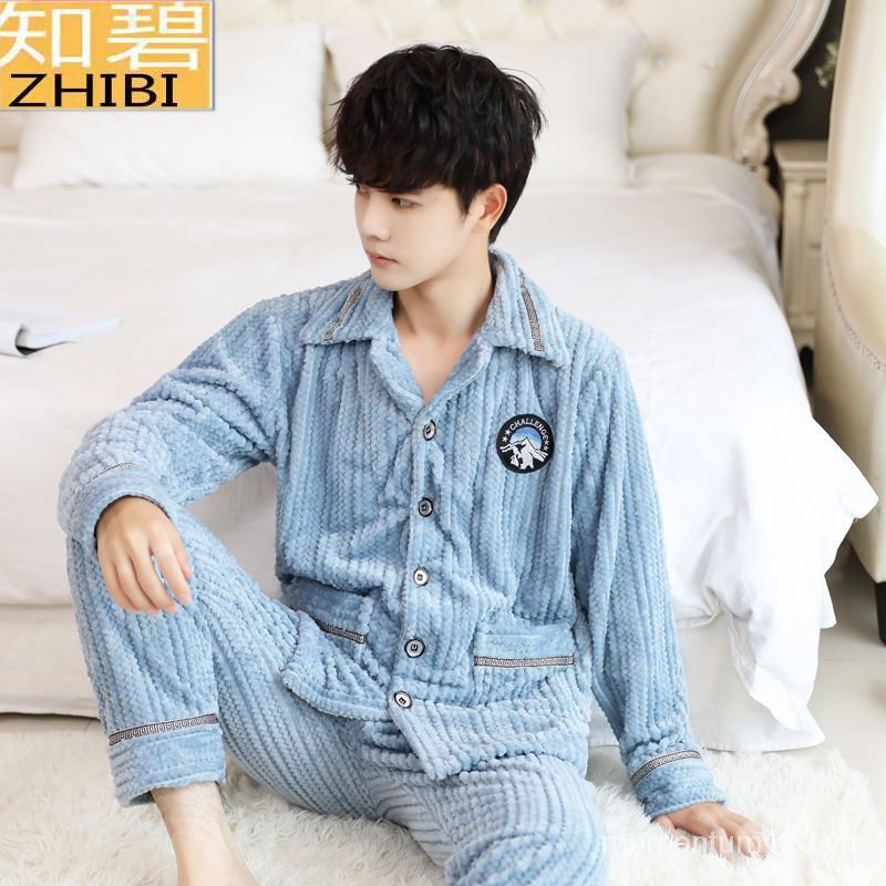 Bộ đồ ngủ mặc ở nhà vải lông cừu san hô dày giữ ấm trong mùa thu và mùa đông phong cách Hàn Quốc dành cho bạn nam