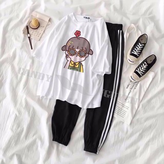 Sét Bộ Đồ Quần Áo Nữ Ngắn Tay Xinh Cute Mặc Ở Nhà - Đi Chơi, In 3D Hoạt Hình Bé Gái Đeo Kính Mix Quần Thun Bo Chun Gấu