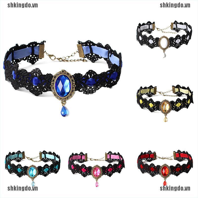 Vòng Cổ Choker Dây Nhung Đen Đính Đá Pha Lê Phong Cách Gothic