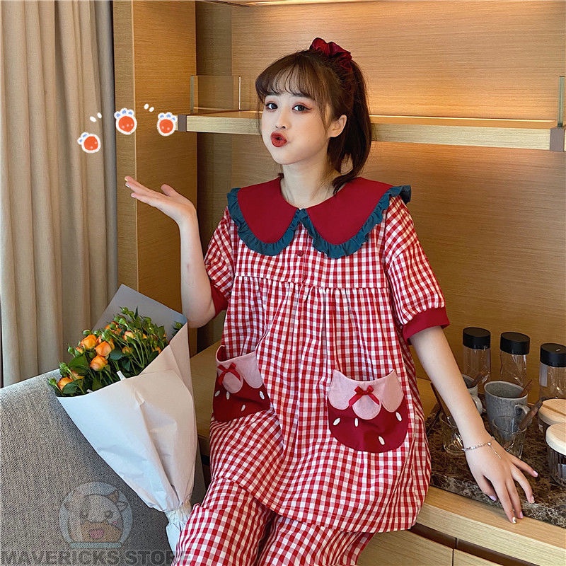 Đồ ngủ cổ búp bê kẻ sọc bằng vải mềm thoải mái kiểu Hàn Quốc cho nữ