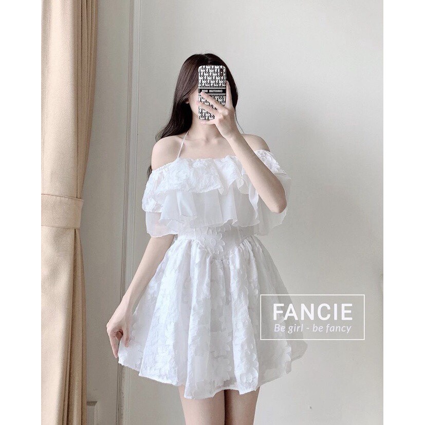 Đầm Trắng Trễ Vai Bèo Dáng Xòe Chất  Voan Hoa Có Mút Ngực Lót Lụa dự tiệc sang trọng