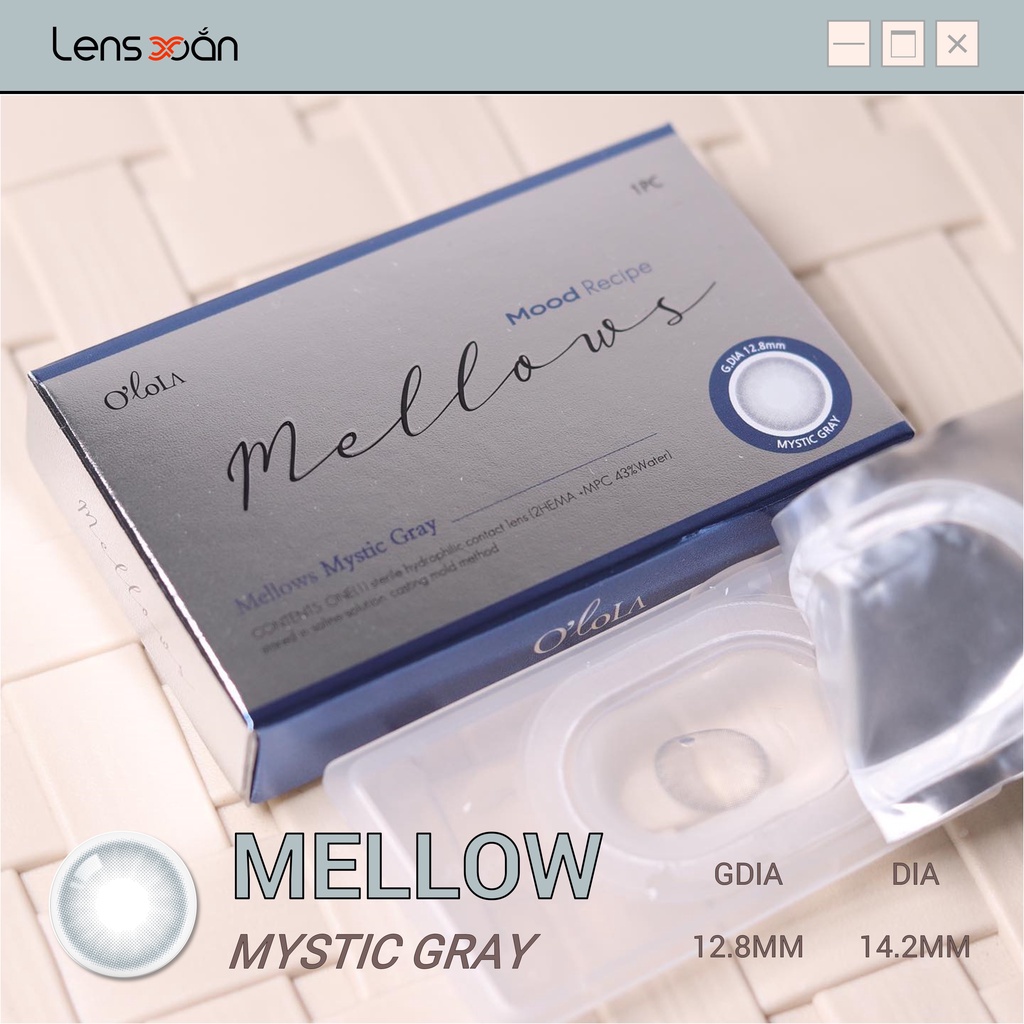 KÍNH ÁP TRÒNG MELLOWS MYSTIC GRAY của Olola (6 tháng): Kính áp tròng xám ánh xanh nhẹ tự nhiên | Lens Xoắn (GIÁ 1 CHIẾC)