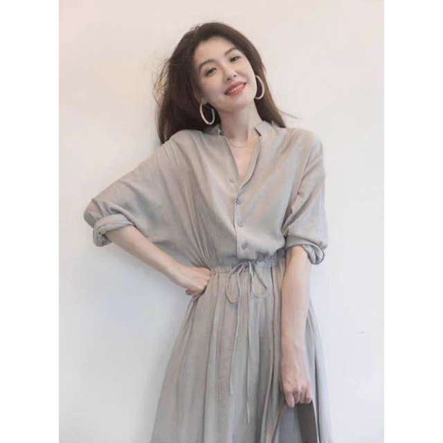 Đầm Midi Dài Cổ Chữ V Tay Ngắn Có Nút Cài Thanh Lịch Màu Trơn Cho Nữ 40-100KG C9175